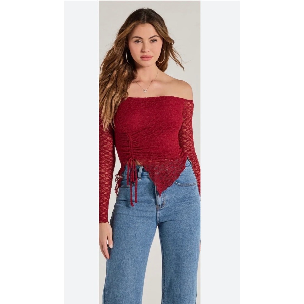 Windsor Trendy Babe Off The Shoulder Top Ruched Lace Red Whimsigoth Renfair L